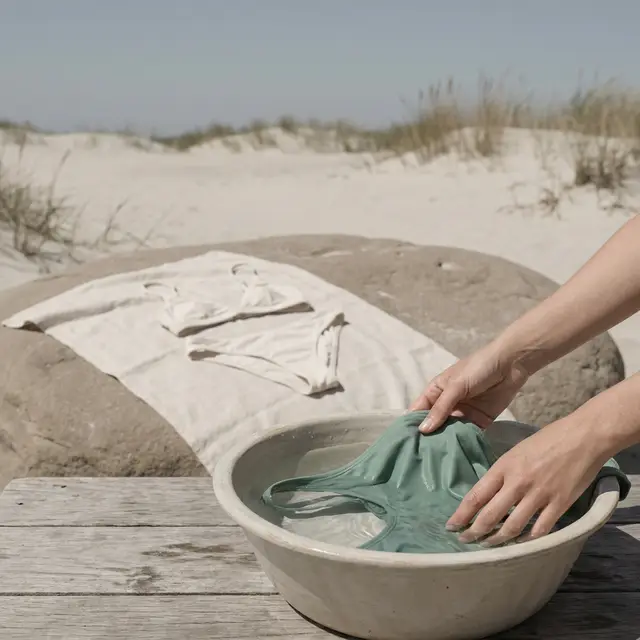 Three new swim pieces in sea glass and shell pink laid out on ribbed sand