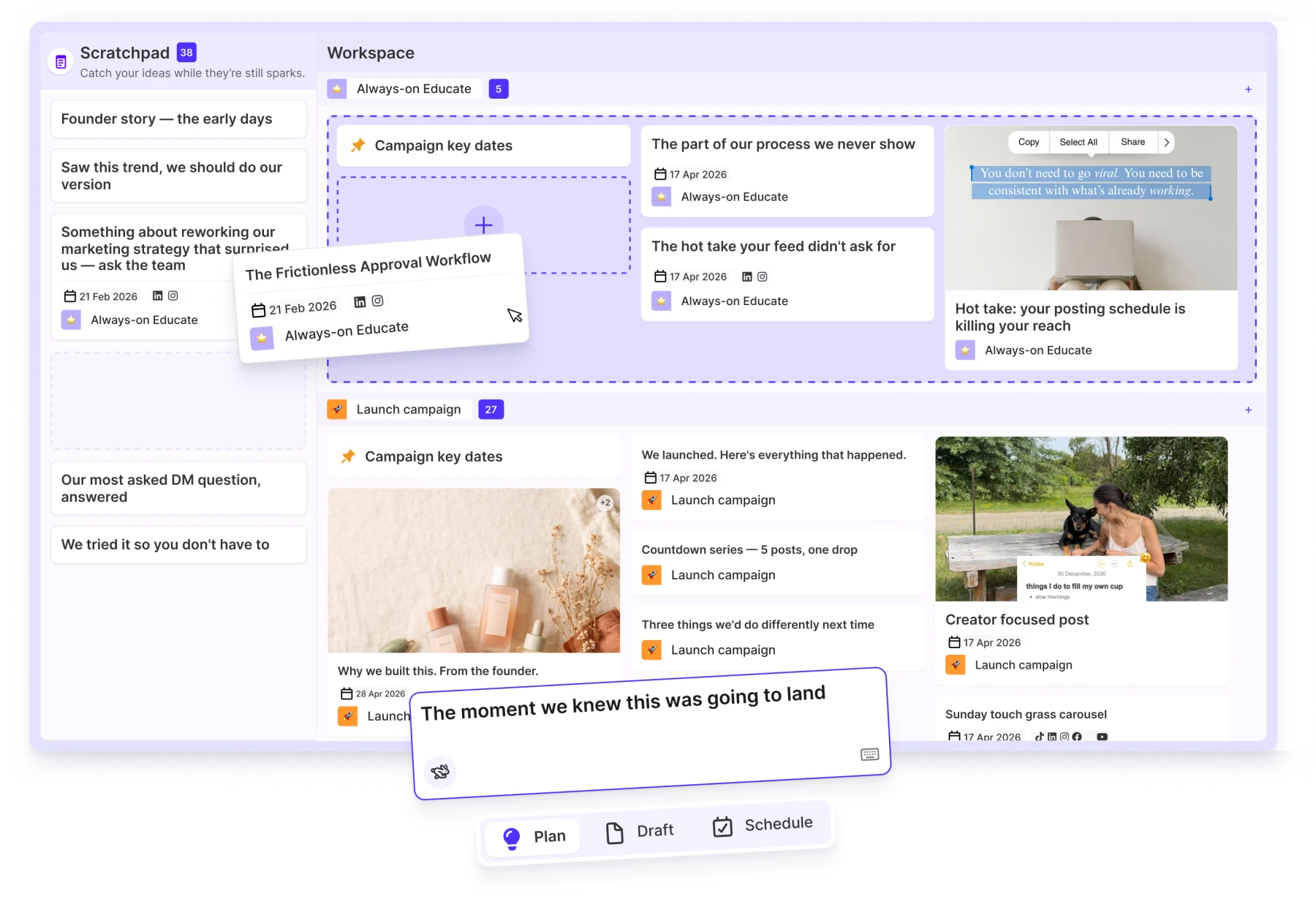 Sked Ideas in Sked Social: a scratchpad of post ideas beside a board of planned and scheduled campaign posts, with Plan, Draft and Schedule controls.